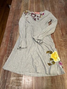 Vintage Johnny Was Los Angeles Grey V-Neck Cotton Embroidered Midi Dress
